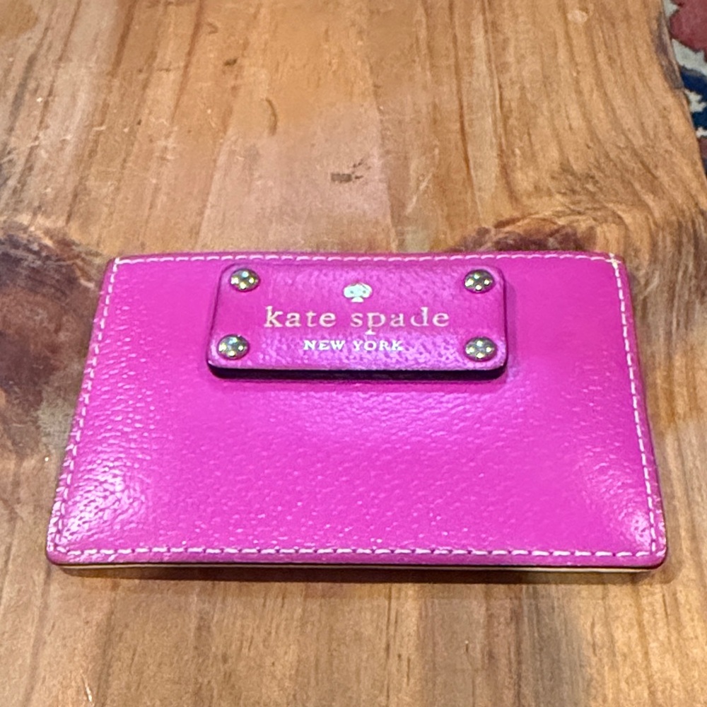 kate spade Bright Pink Leather Card Case with Logo Plaque